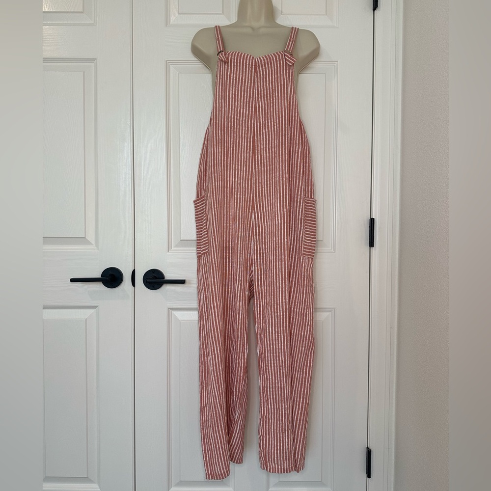 Striped Red and White Linen Women's Jumpsuit with Adjustable Straps and Pockets